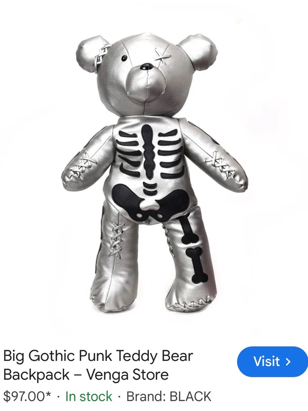 Black Metallic Silver Skeleton Teddy Bear Plush by Black